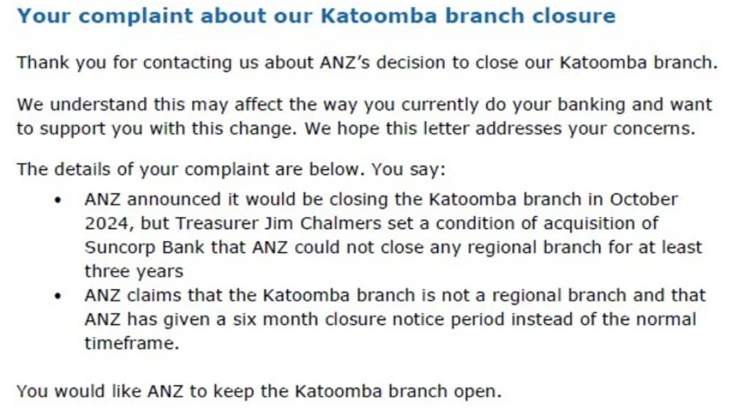ANZ letter excerpt