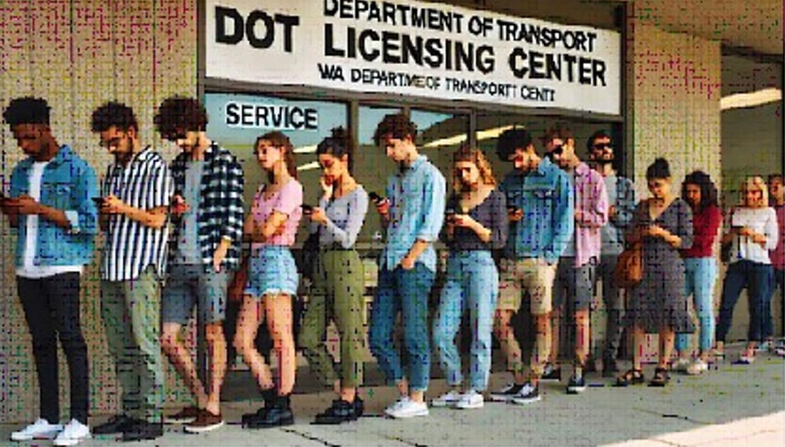 cartoon of queue at licensing centre