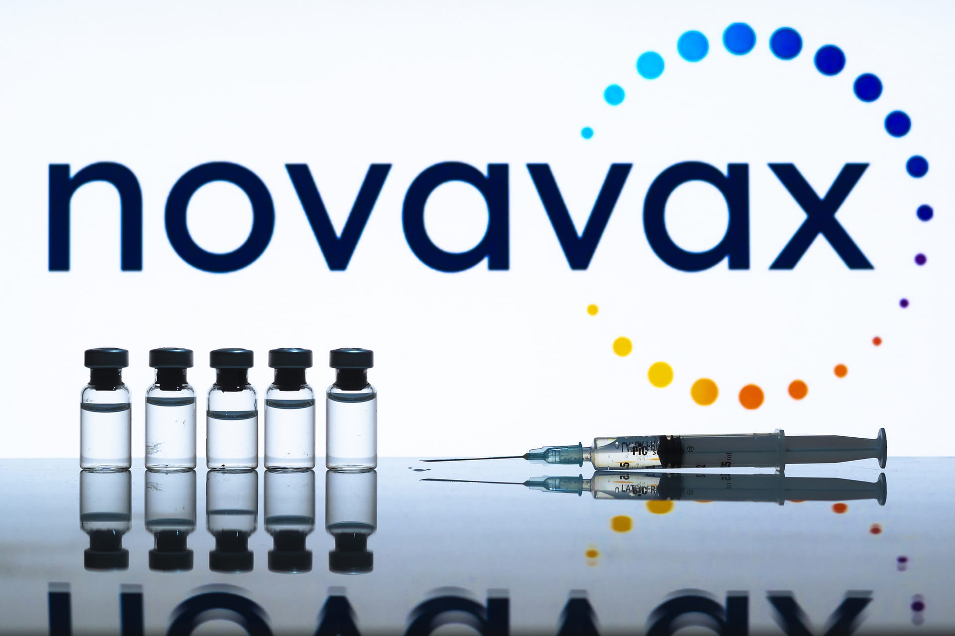 Novavax logo and vials