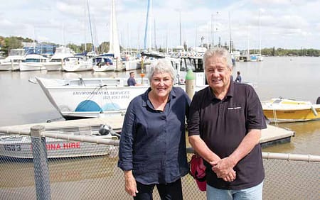 With boat sales booming, Yamba Marina owners Peter Sutton and Kay Cottee are expanding the marina's capacity by adding an additional 50 berths. Image: Rodney Stevens