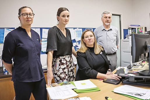 Taxong Times. Kadina Medical Associates office manager Rachel Toogood, medical director Dr Anna Kearney, practice manager Kylie May and clinical nurse manager Gavin Woods run the figures on the potential impact of payroll tax for contract GPs.
Photo: Yorke Peninsula Country Times.