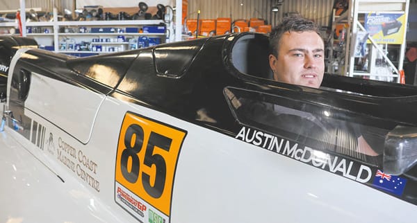 Wallaroo’s Austin McDonald is finding his feet in Australian Formula Powerboat Grand Prix racing, having joined the circuit earlier this year. Photo: Yorke Peninsula Country Times
