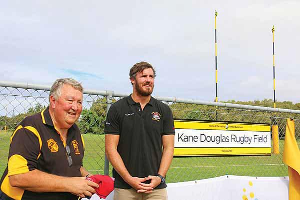 Former Yamba Buccaneers President Bob Thompson (l) and Kane Douglas when the Kane Douglas Rugby Field was dedicated in May 2017