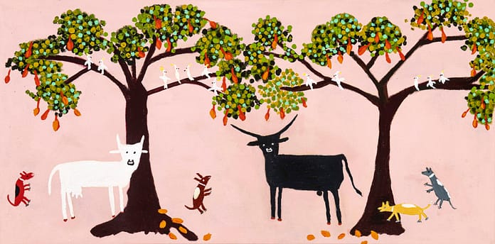 Daisy Hamlot Hopevale Arts Centre Guuda, Cockatoos, Mangoes and Bullocks! 2026 Daisy Hamlot painting