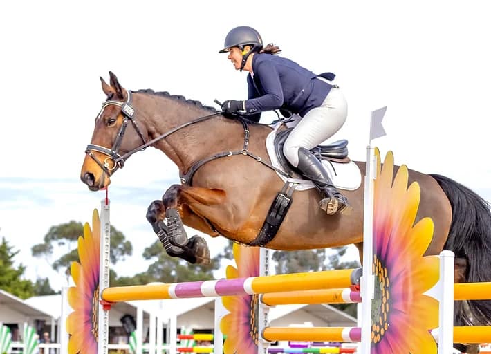 Georgie Birrell and the Clydesdale- Thoroughbred cross Terminal Velocity.
Photo: One-eyed frog