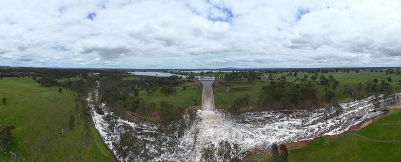 Lake Eppalock dam spillway overflowing into the Campaspe River January 2024.