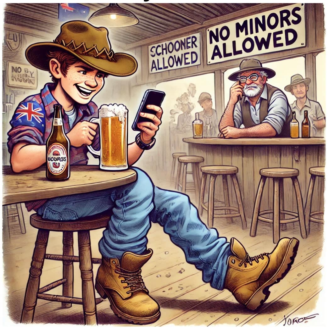 Teenager in pub on phone cartoon