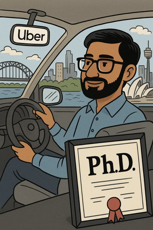 Immigrant with Ph D driving an Uber cartoon