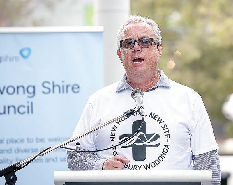 Towong mayor, Cr Andrew Whitehead speaks at a rally in Albury in April.