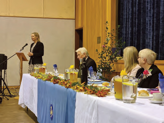 Federal Member and Deputy Leader of the Liberals Sussan Ley addresses the gathering watched nearby by Narrandera Shire Mayor Neville Kschenka (seated).